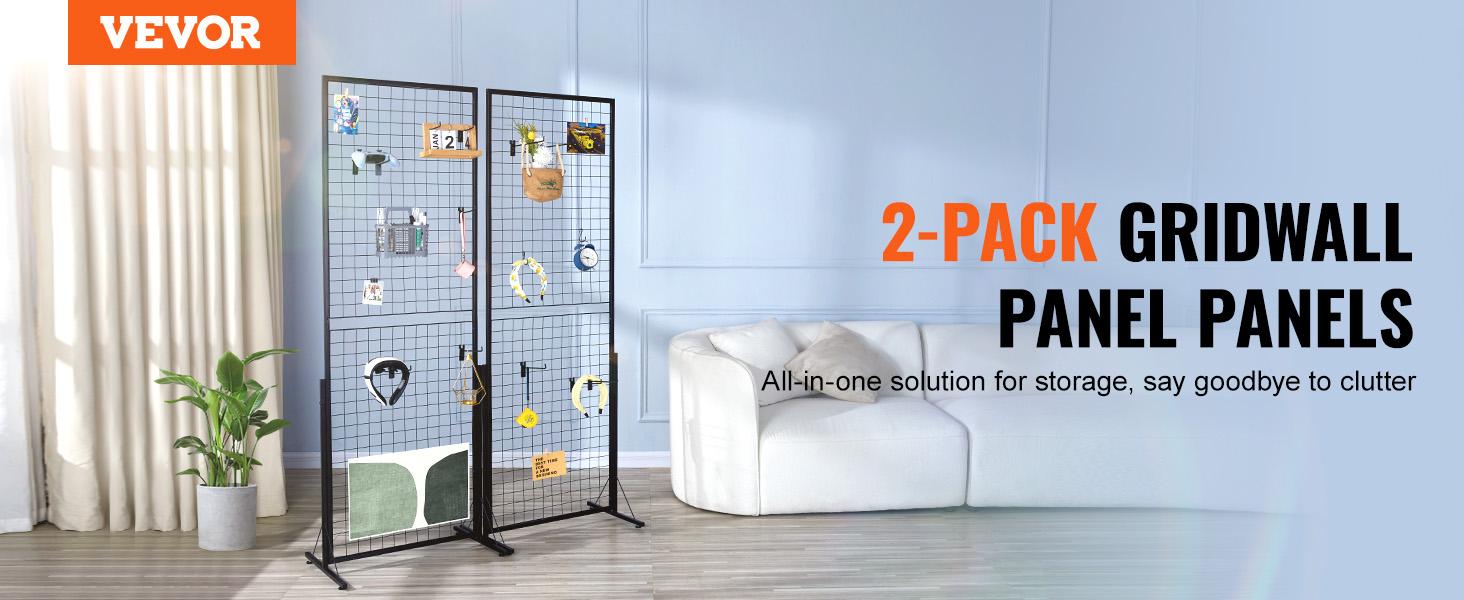 VEVOR 2'x 5.6' Grid Wall Panels Tower, 2 Packs Wire Gridwall Display Racks with T-Base Floorstanding, Double Side Gridwall Panels for Art Craft Shows, Retail Display with Extra Clips and Hooks