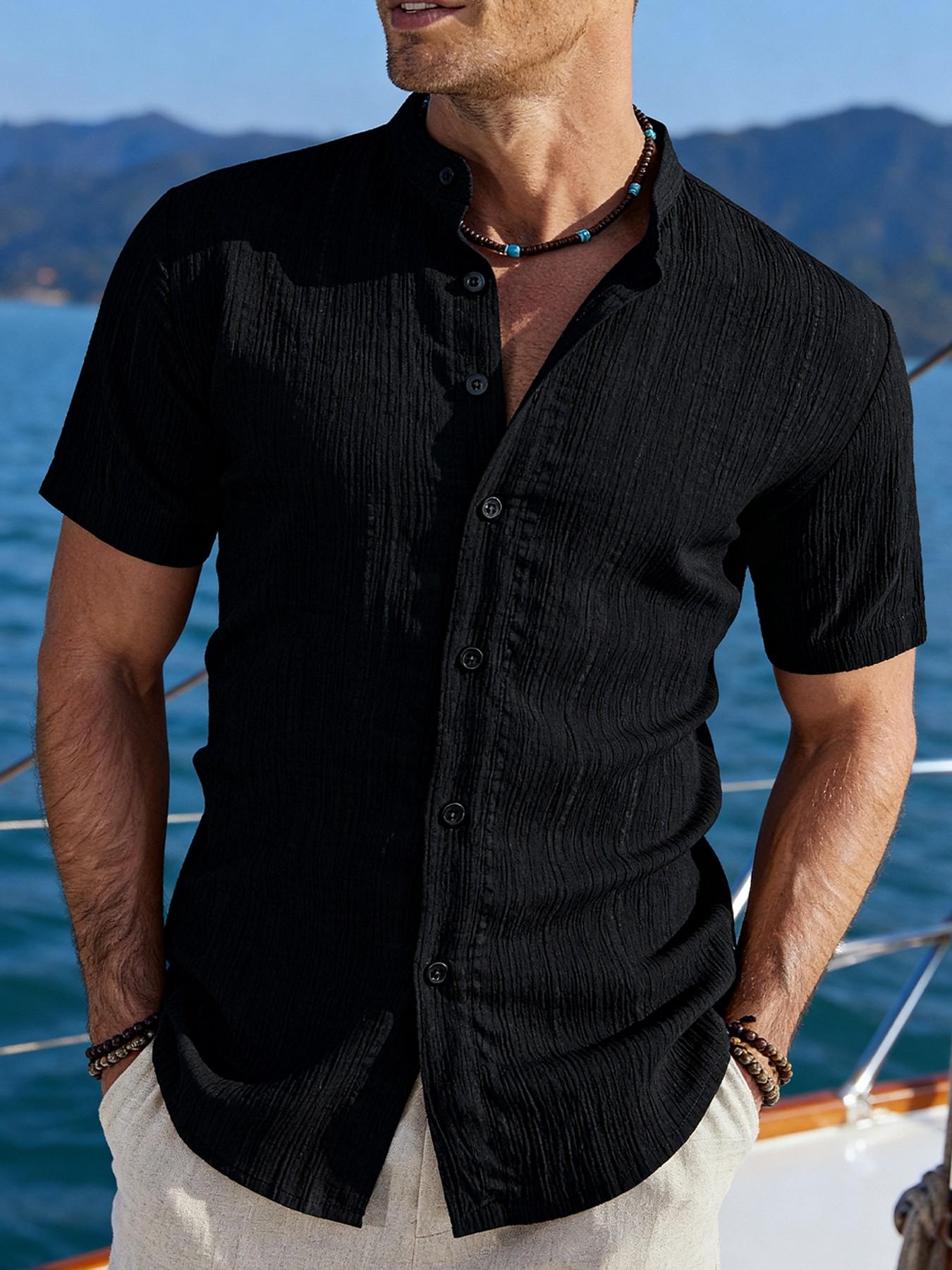 3pcs Men's Summer Short Sleeve Shirts, Lightweight Breathable Plain Solid Color Button-Up Casual Menswear Tops with Stand Collar, Casual Attire, Low-Cut Neckline Shirts for Beach, Pool Parties and Vacation, Gift for Husband