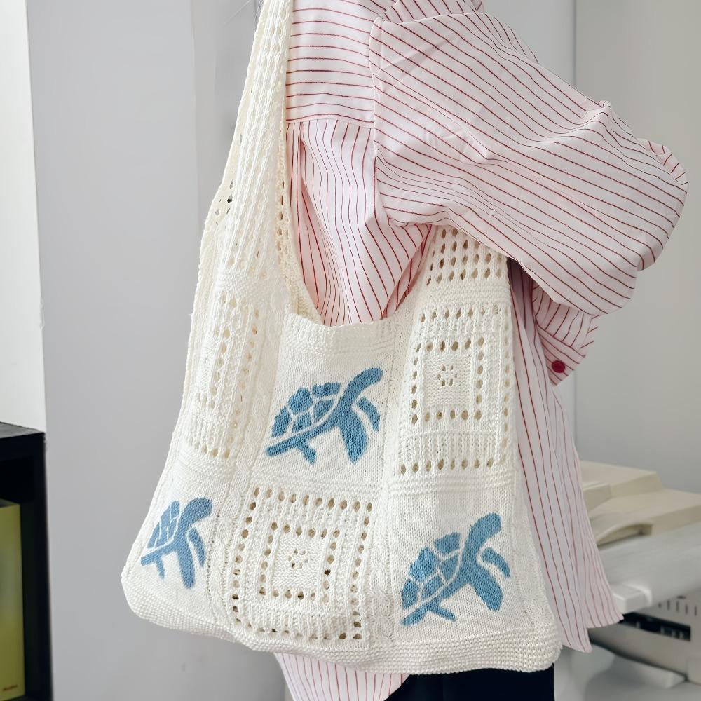 Cute Crochet Blue Bag for Women, Large Capacity Open Knit Shoulder Handbag, Lightweight Stylish Summer Beach Tote, Versatile Casual Daily Shopping & Market Storage Handbag