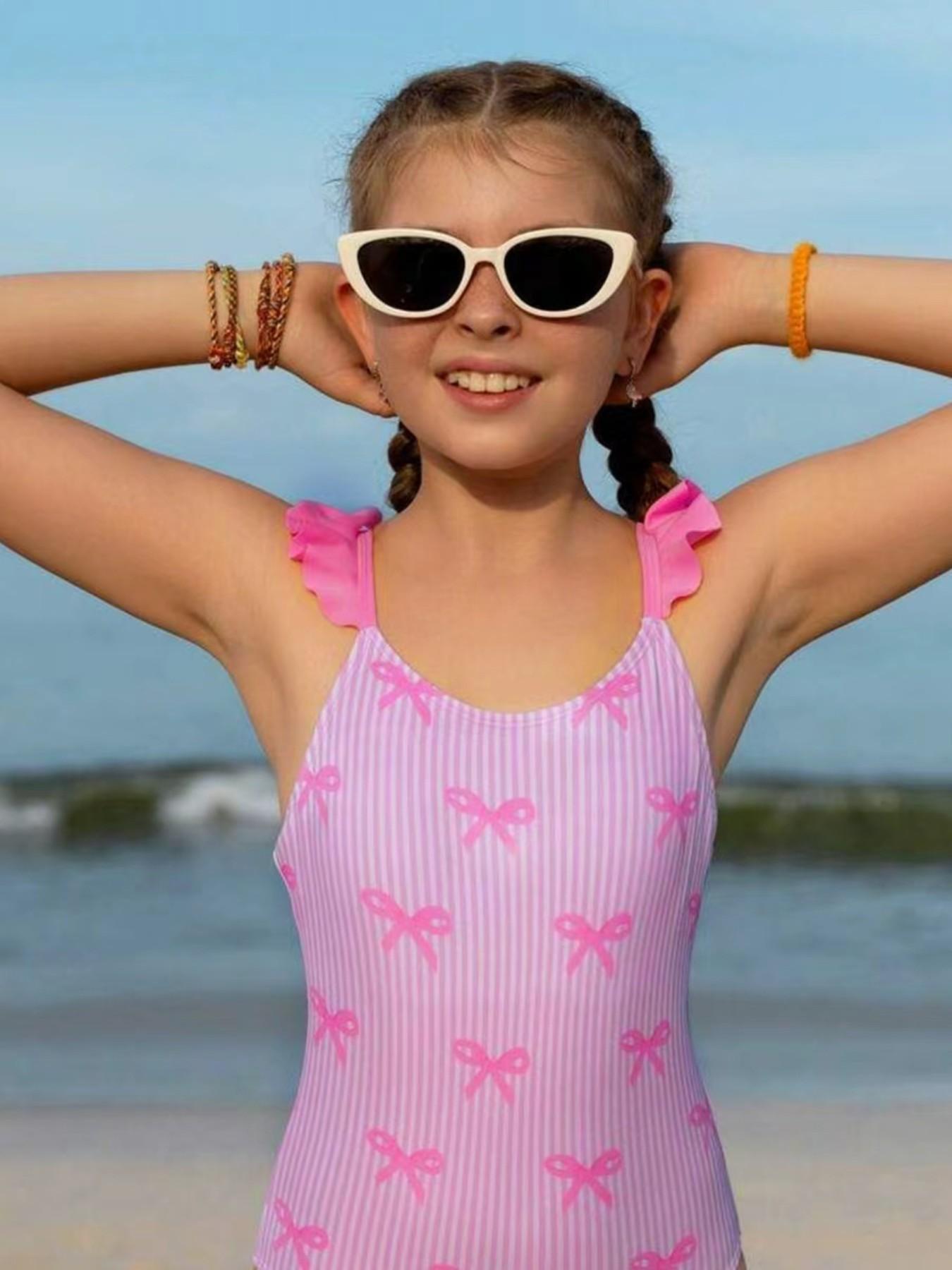 New Bowknot Printed Halter One-Piece Swimsuit, European Style Big Girls Swimwear, Sleeveless Two-Piece Beach Swimming Suit, Summer Swimwear, Tween Swimsuits