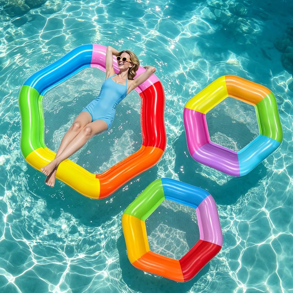 Large Hexagonal Mesh Inflatable Float Bed, 70" X 62" Summer Pool Float with Pillow, 4-In-1 Multi Purpose Inflatable Sunbathing Raft, Party Gift, Adult Double Use, Pool Floats Lounger, Pool Floater, Inflatable Water Lounger