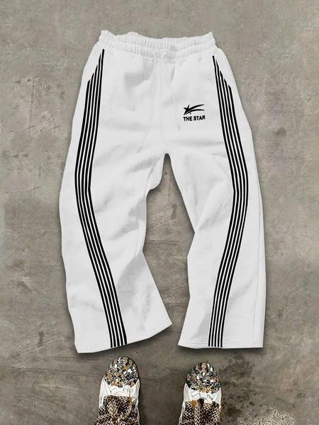 Striped Sporty Sweatpants with Side Bars & the Star Logo, Drawstring Waist, Loose Fit, Skin-Friendly Fabric for Daily Wear, Athleisure Style Pants