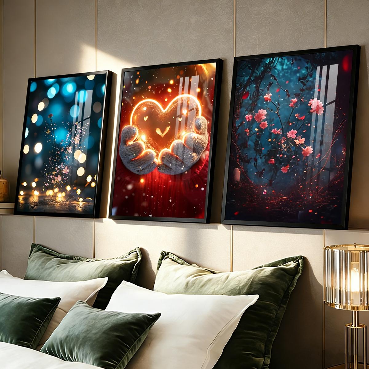 3 Counts Aluminum Alloy Framed Painting, Glowing Heart And Blooming Flowers Pictures, Home Decoration For Living Room, Bedroom, Office, Restaurant, Hallway Wall Decor, Odorless Print Artwork, Luxury Perfect Gift For Friends And Family