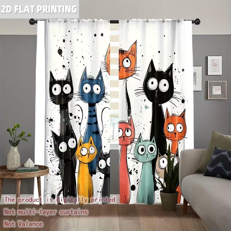 Whimsycat Light Filtering Curtains Set, Durable Polyester Material, Colorful Cartoon Cat Design, Easy Pole Pocket Hanging, Ideal for Bedroom Office Kitchen Living Room Study