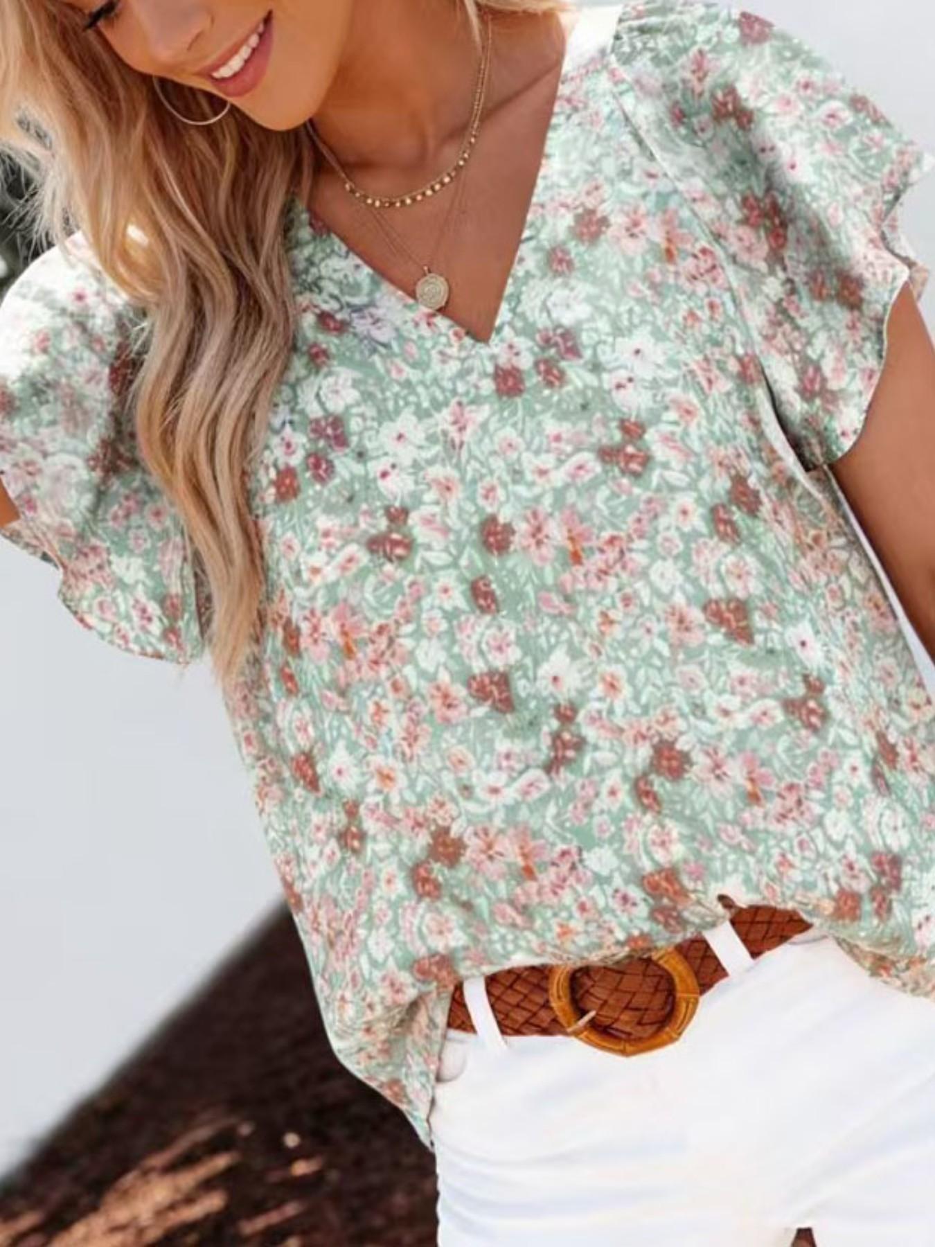 Women's V-Neck Printed Short Sleeve Loose Fit Casual Pullover Shirt, Comfortable and Stylish Top for Daily Wear, Perfect for Relaxing Days