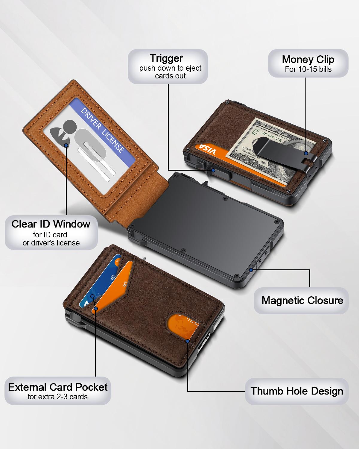 Men's Slim Minimalist Wallet with Money Clip - Holds 9-13 Cards, RFID Blocking Pop-Up Card Holder & ID Window, Aluminum Metal Bifold Wallet