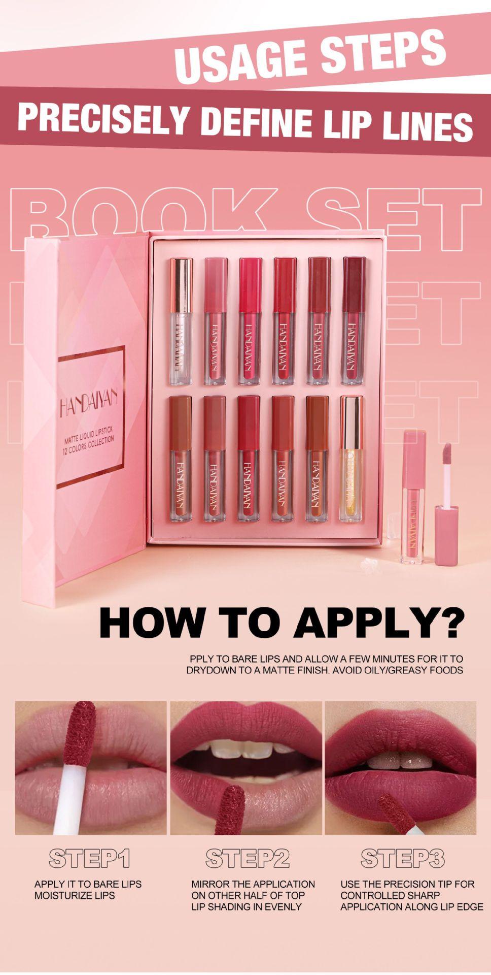 HANDAIYAN 12 Pcs Matte Liquid Lipstick Book Gift Set - Long Lasting Waterproof Velvet Lip Gloss Pack for Women