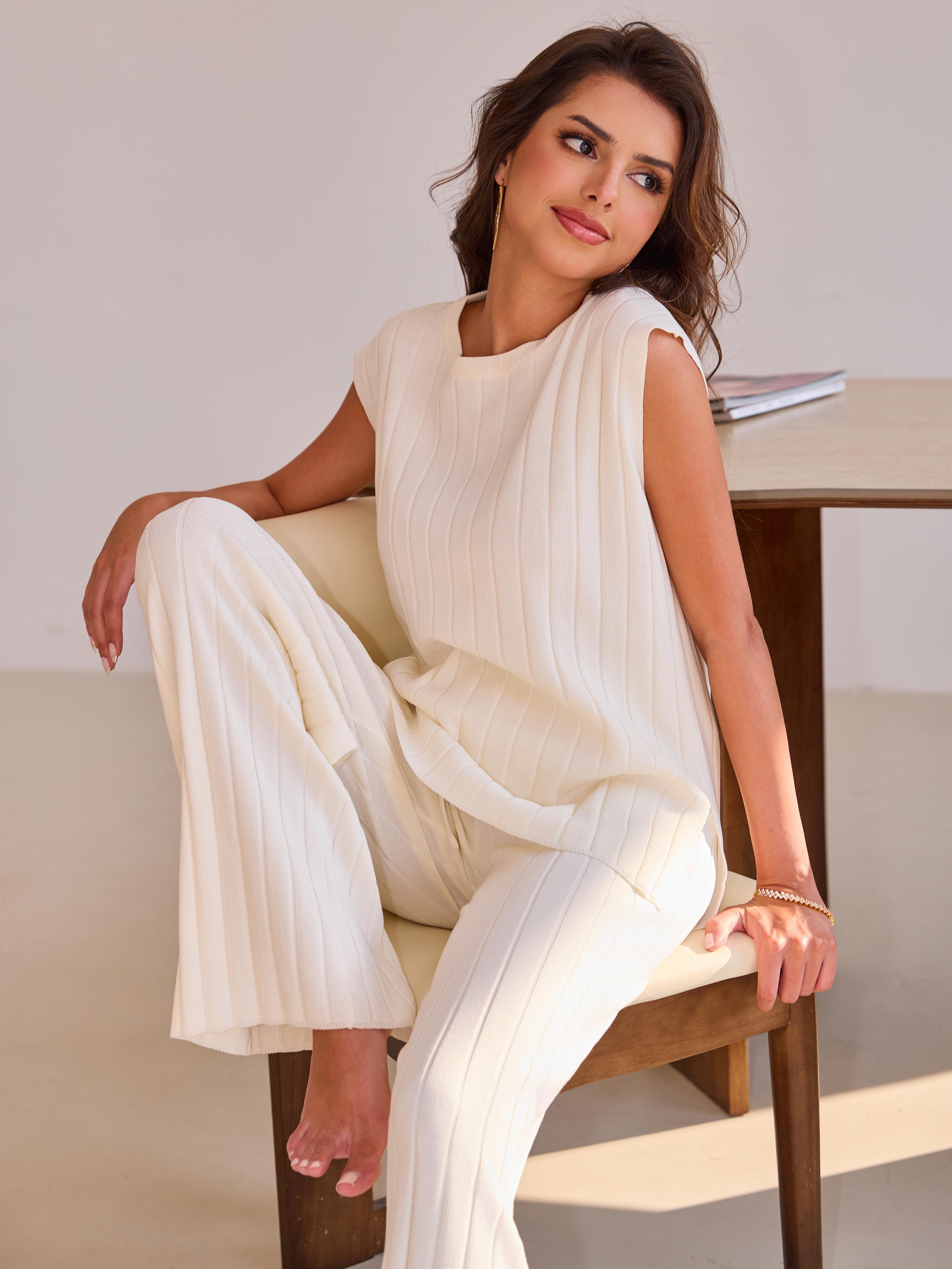 Joyfunear Solid Two-piece Knitted Sweater Set Summer Sleeveless Knitted Pullover Top High Waisted Casual Pants Set For Women 2025 New Arrival