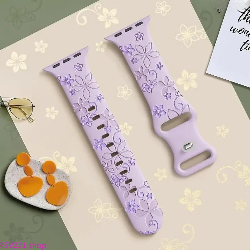 Women's Floral Engraved Soft Silicone Breathable Strap Watch Band - Sports Wearable Accessory Compatible with 38mm-49mm Sizes, Camping Essentials, Multi Sizes, Flower Print, Compatible Bands
