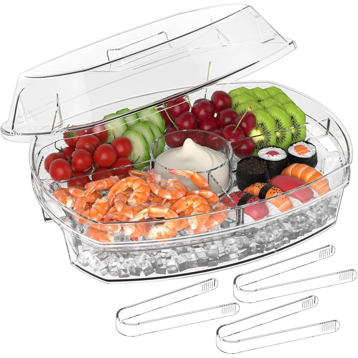 15'' Divided Serving Tray with Lid and 4 Compartments Clear Fruit Tray Ideal for Cold Chilled Serving at Parties Shrimp Cocktail Etc