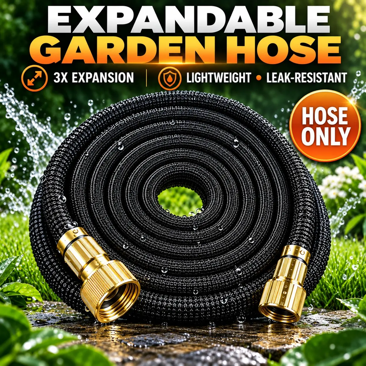 Expandable Garden Hose with Brass Fittings, 3x Stretch Lightweight Flexible Tubing, Leak-Proof Knot-Free, Ideal for Gardening, Car Washing, Outdoor Cleaning