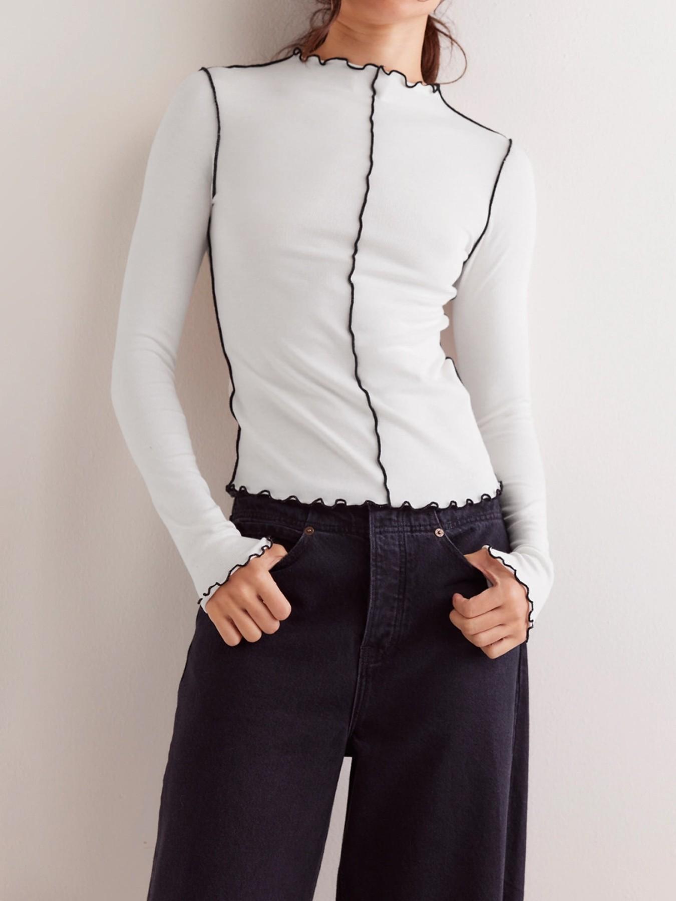 Women's New Colorblock Rolled Hem Half High Neck Long Sleeve T-Shirt, Trendy Slim Fit Versatile Top, Fashionable Basic Tee for Daily Wear