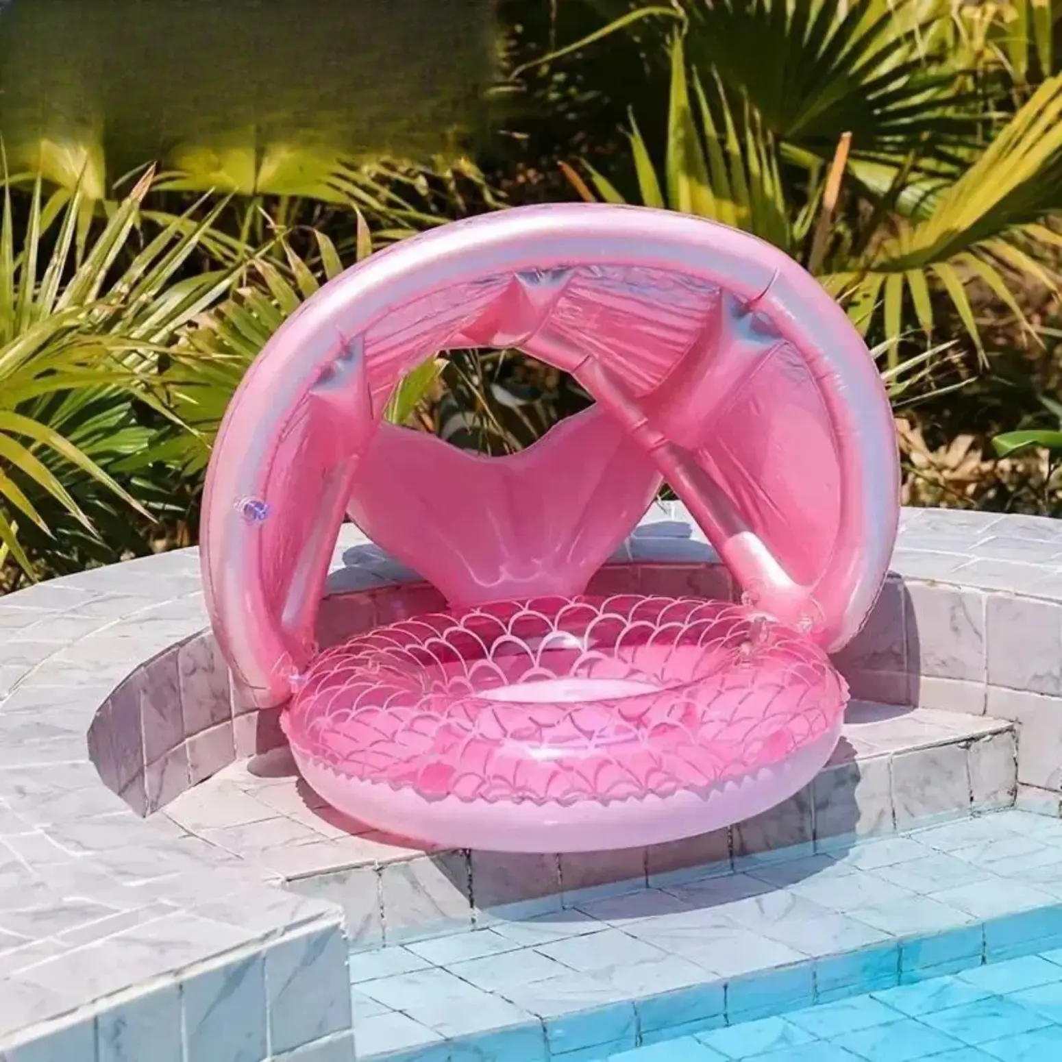 Sohochic 1 Piece Kids Mermaid Tail Swimming Ring, Inflatable PVC Toddler Pool Float with UV-Protected Canopy, Summer Beach Water Sports Toy Gift