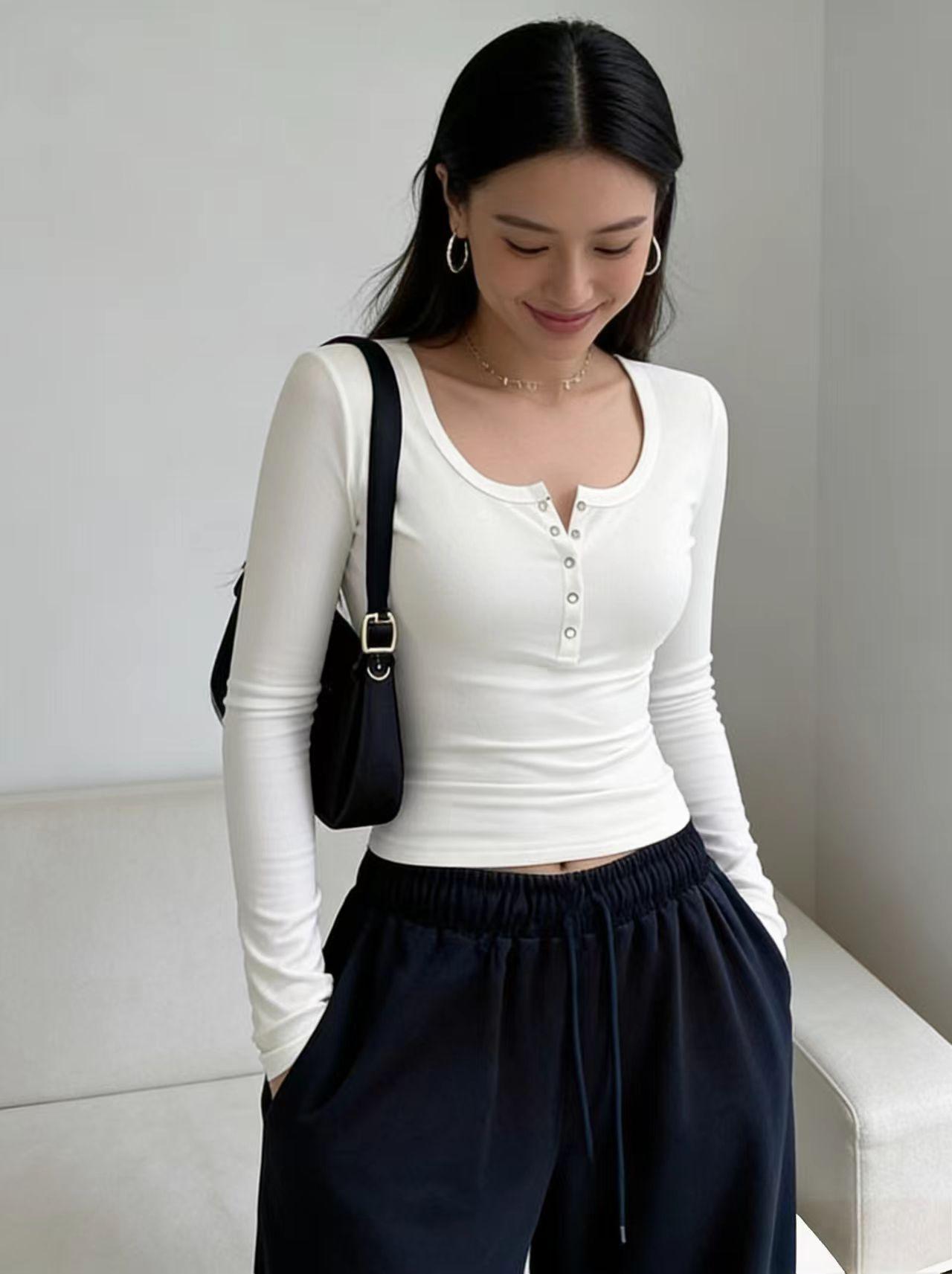 Women's Slim-Fit Long Sleeve V-Neck T-Shirt, Spring & Fall Fashion 2026, New Women's Top, Shoulder Fit, Basic Layering Tee