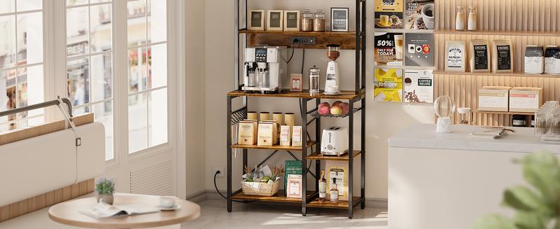 SUPERJARE Bakers Rack with Power Outlet, 35.4 Inches Coffee Bar with Wire Basket, Kitchen Microwave Stand with 6 S-Shaped Hooks, Open Storage Shelves