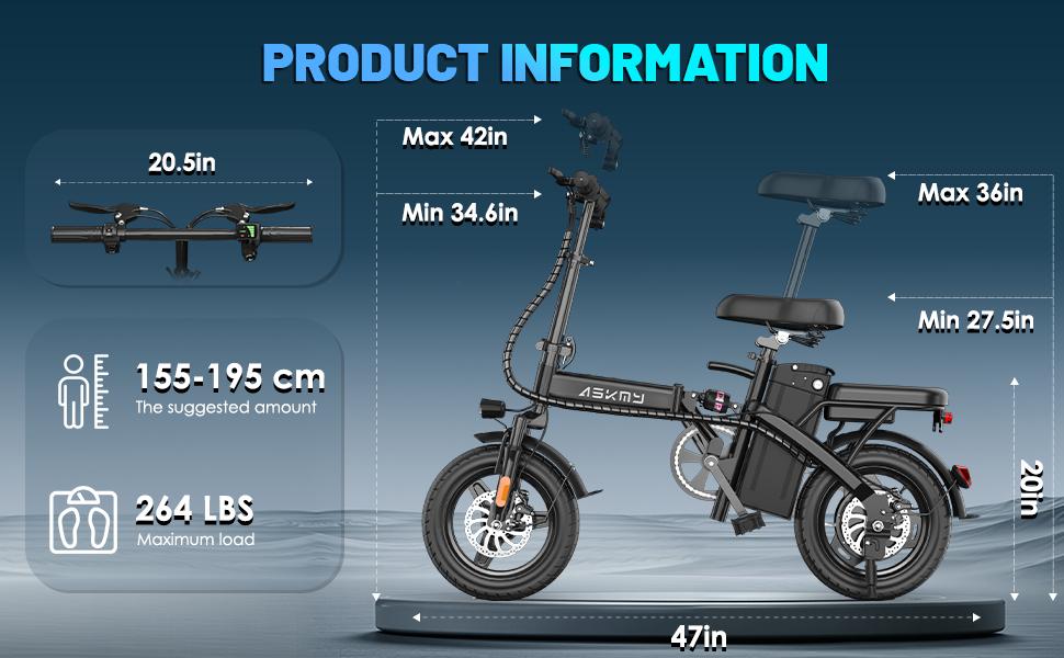 ASKMY E14 Folding Electric Bike 1000W Peak Motor, Up to 45 Miles Range | 14" Tubeless Tires, Dual Disc Brakes | UL Certified, Puncture-Tested Battery, 12-Month Warranty, Lightweight Design