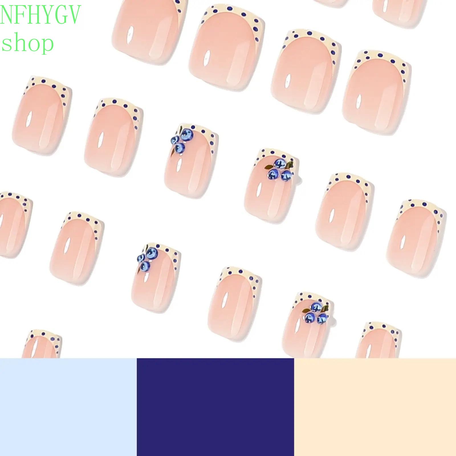 24‑Pcs Glossy Short Square Press‑On Nails, Nude Base With French Polka Dot, 3D Blue Flower And Rhinestone Details, Reusable Glue‑On Artificial Nails for Women’s Daily Wear And Back‑To‑School Styling