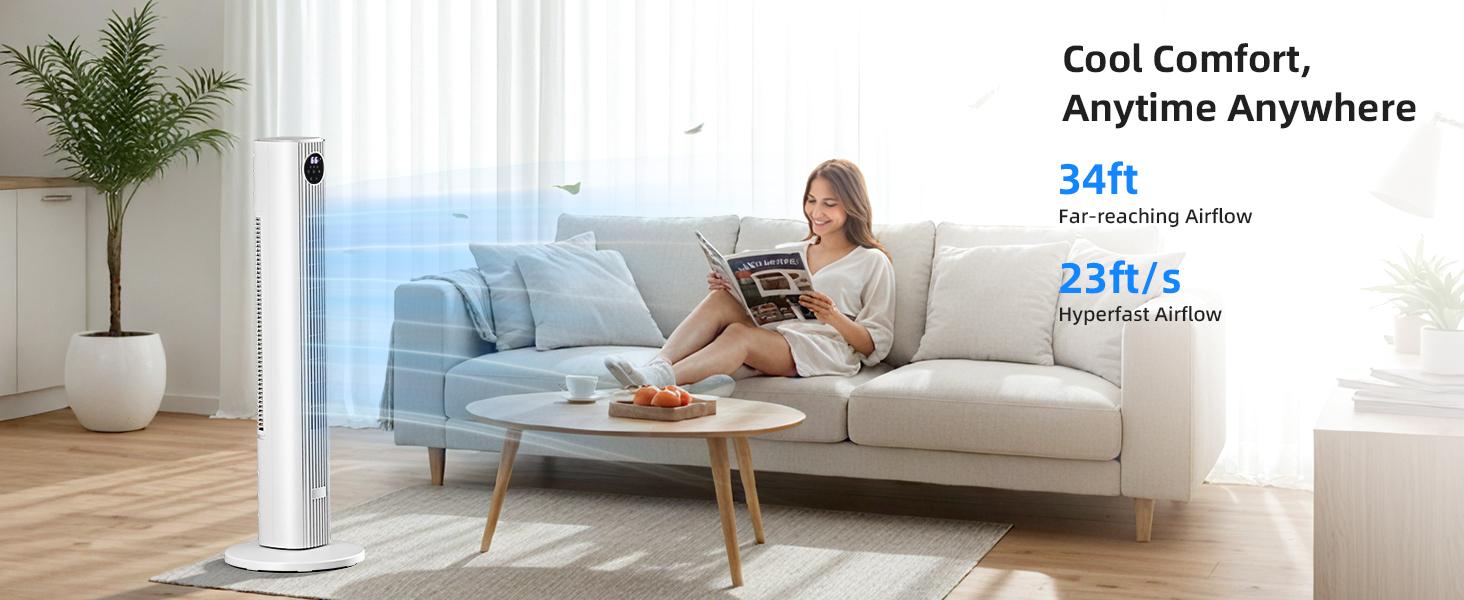 【NOT AC】Antarctic Star Tower Fan Portable Electric 85° Oscillating Fan with Remote Control, Quiet Operation, 3 Speed Settings & 12H Timer, Bladeless Standing Floor Fan for Bedroom & Office[No Cooling] [No Temperature Adjustment]