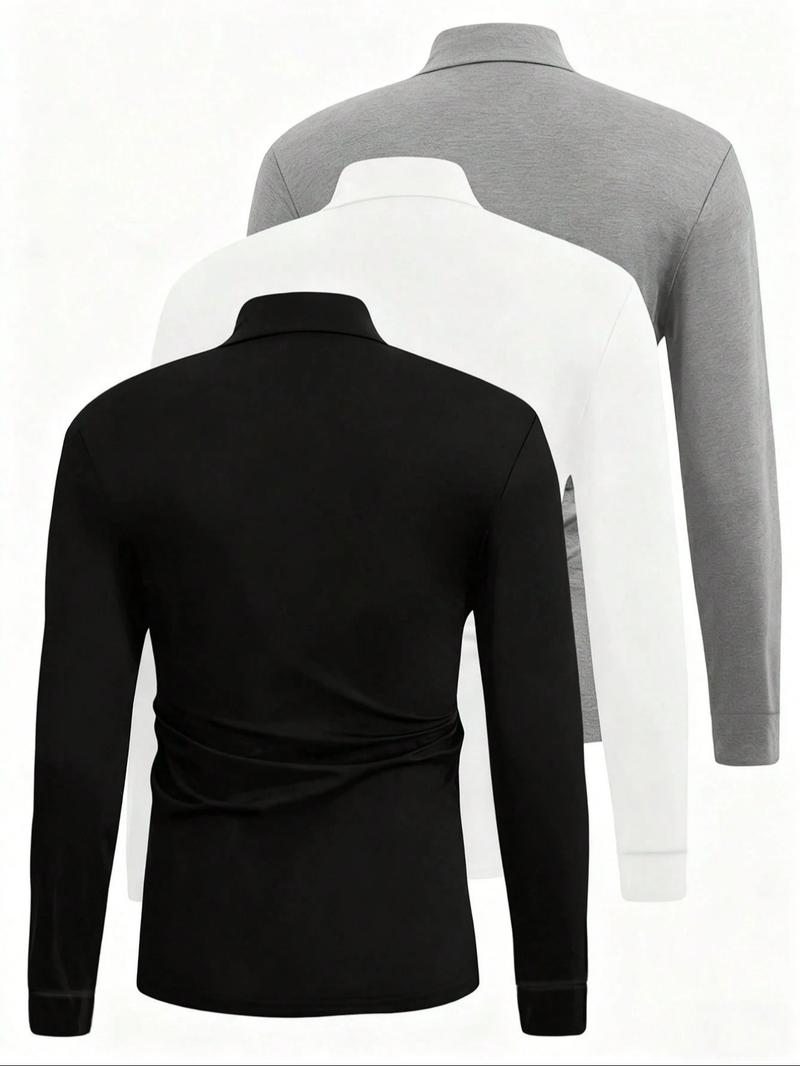 3 Pcs Men's Solid High Neck Long Sleeve Casual T-Shirt, Mens Spring&Fall Base Shirt, Men Turtleneck, Mock Neck Men, Casual Tops Men