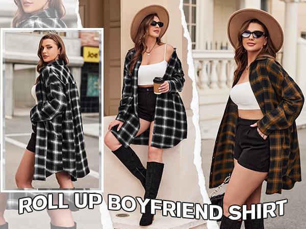 IN'VOLAND Womens Plus Size Plaid Shirt Long Sleeve Button Down Blouses Tops Shacket Jackets Coats with Pockets Chic Fashion Lightweight#US 2025 Deals for You Days Size runs small thin