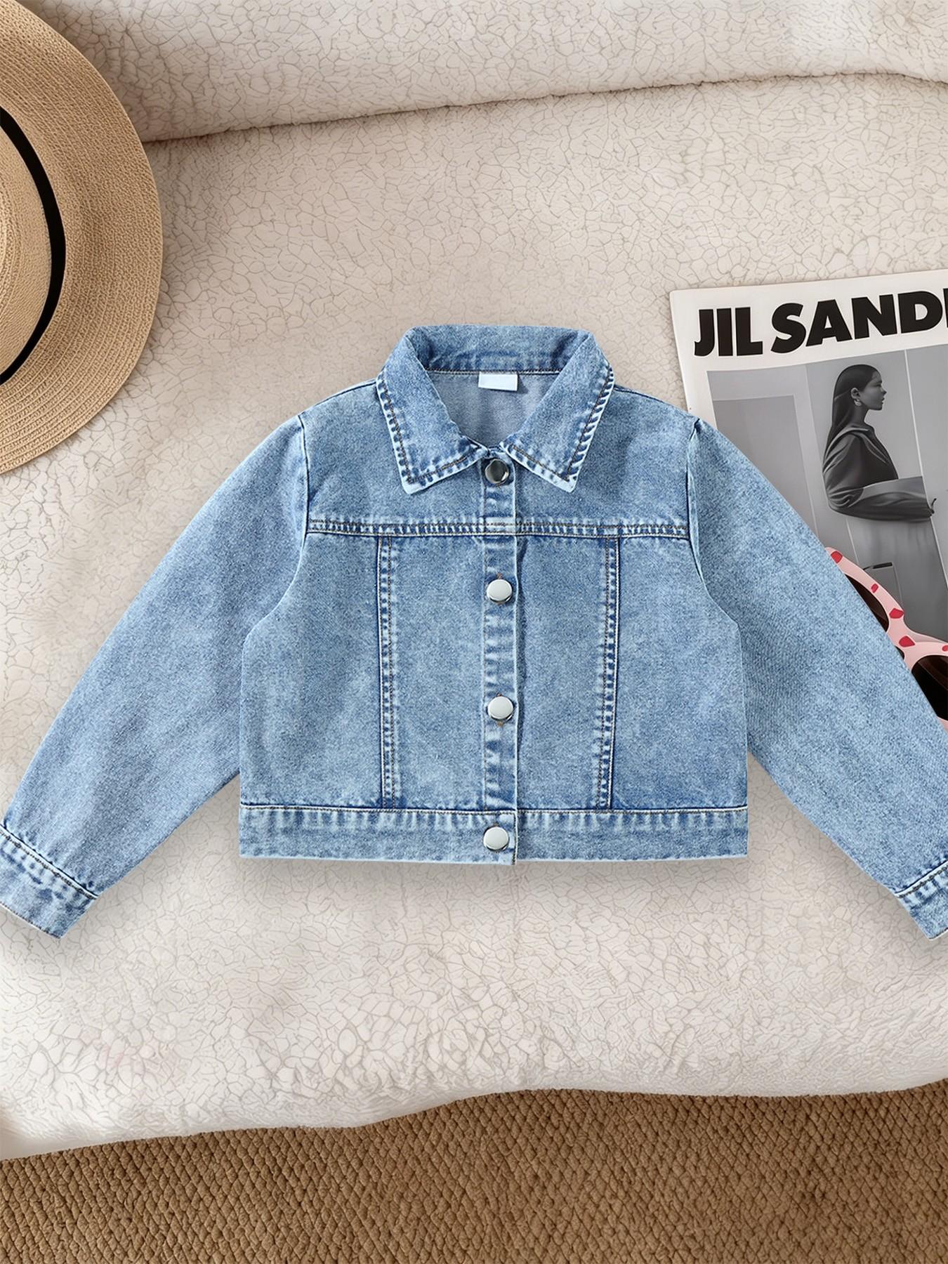 Girls' Casual Fashion Denim Jacket, Shiny Heart Pattern, Comfortable Fit, Suitable for School and Dates, Ages 12 and Under