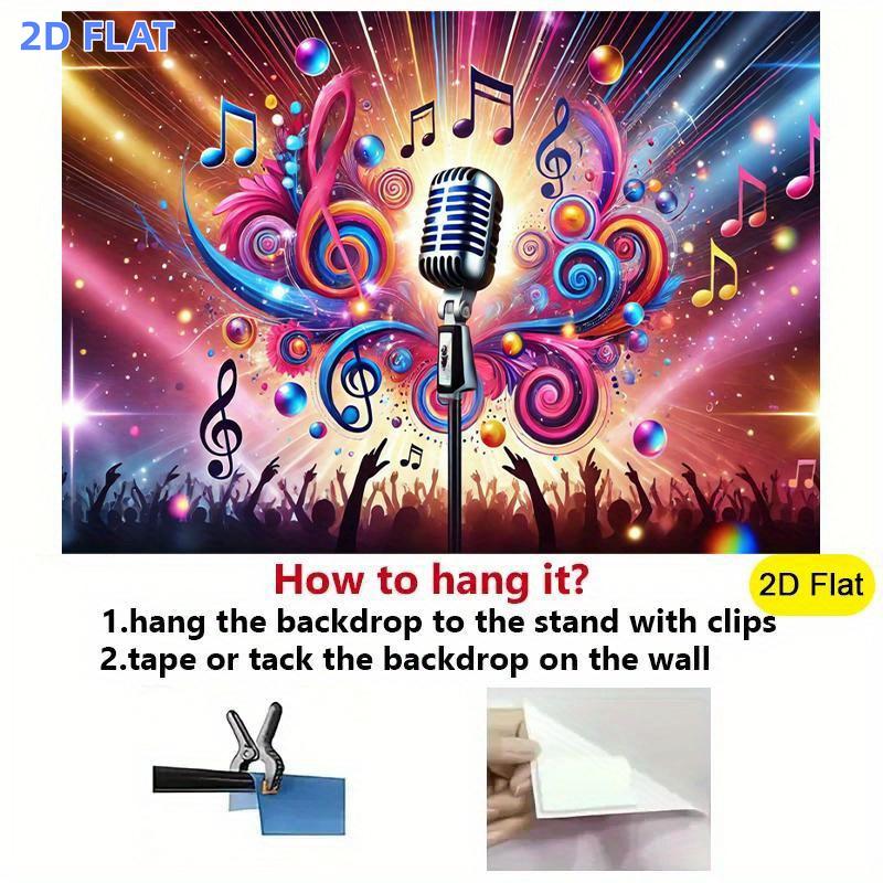 1pc 2D Flat Banner, Music-Themed Party Backdrop with Neon Glow Music Notes & Microphone DesignVibrant Polyester Fabric Banner for Indoor/Outdoor Birthday, Anniversary, Photo Studio DecorationsNo Electricity Needed, E