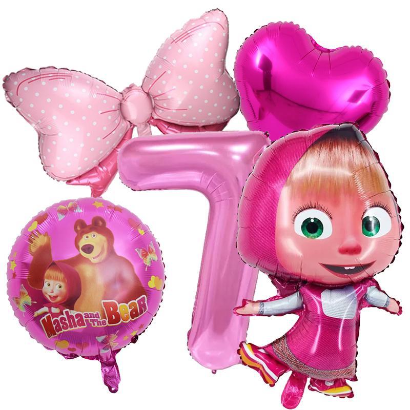 Masha and The Bear Birthday Balloons Decoration Number Bowknot Heart Ballons Set Girl Boy Party Supplies Kids Birthday Favors