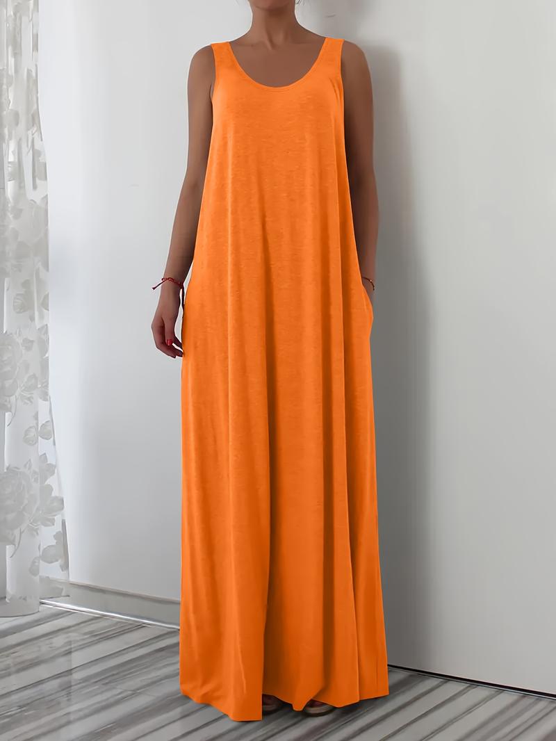 Elegant Plus Size Women's Sleeveless Round Neck Plain Vest Dress, Casual Home Wear, Comfortable Fit, Multiple Colors Available