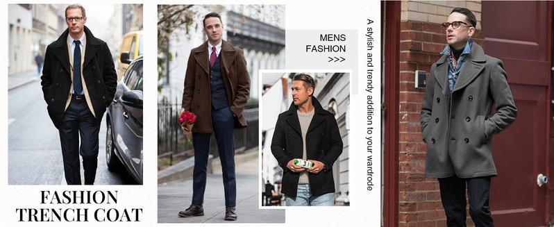 Runcati Men's Classic Pea Coat Notched Collar Double Breasted Slim Fit Winter Warm Heavyweight Trench Coats