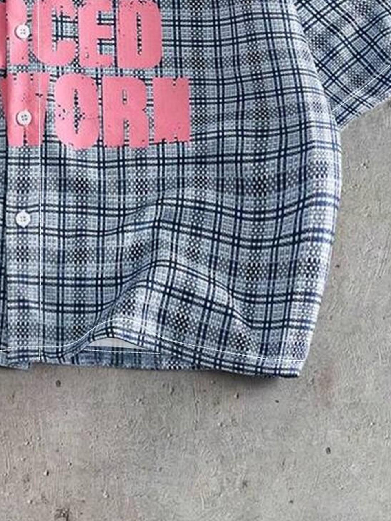 Blue Plaid Short Sleeve Shirt, Slogan Letter Print, Loose-Fit Y2K Street Style, Summer Casual for Daily Wear