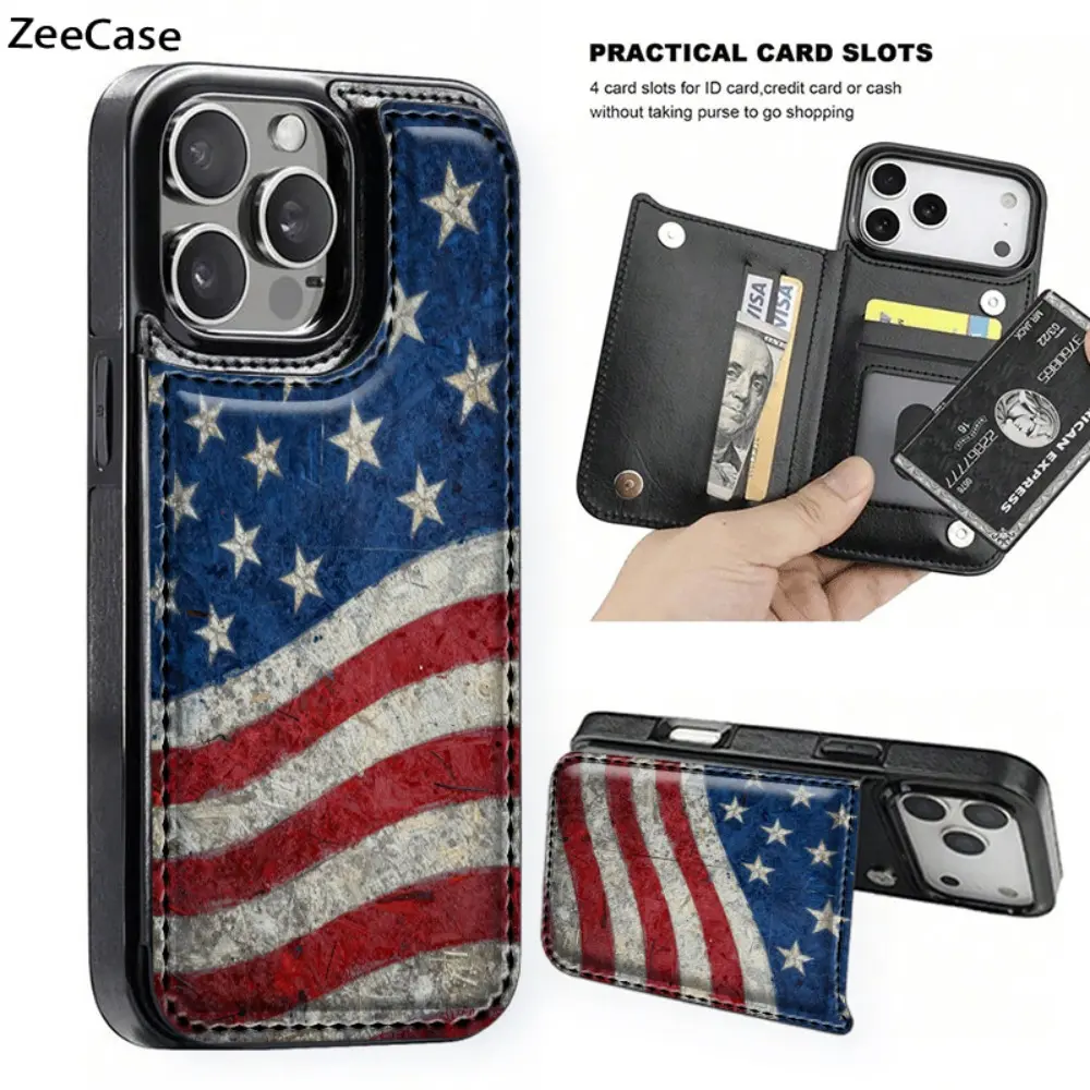 Phone Case - US Flag Star Stripe Textured Wallpaper Flip Wallet Card Case Phone Case with Holder 3 Card Slots for Driver's License and Photos Ideal for Iphone 17/16/15/14/13/12/11 Ultra/Pro Max/Pro/Plus Series