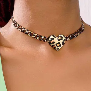 Women's Heart Charm Choker Necklace - Leopard Print, Gold-Tone Chunky Links Cuban Chain, Trendy Statement Accessory for Sports & Outdoor Protective Gear Use, Heart Charm Necklace