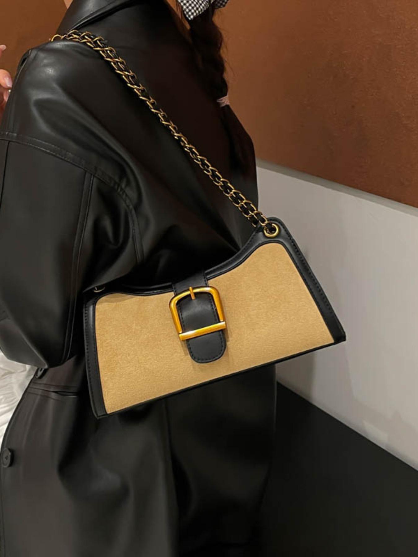 Women's French Vintage Colorblock Underarm Bag, Lightweight Single Shoulder Bag with Ribbon Patchwork Design, Stylish and Unique Handbag