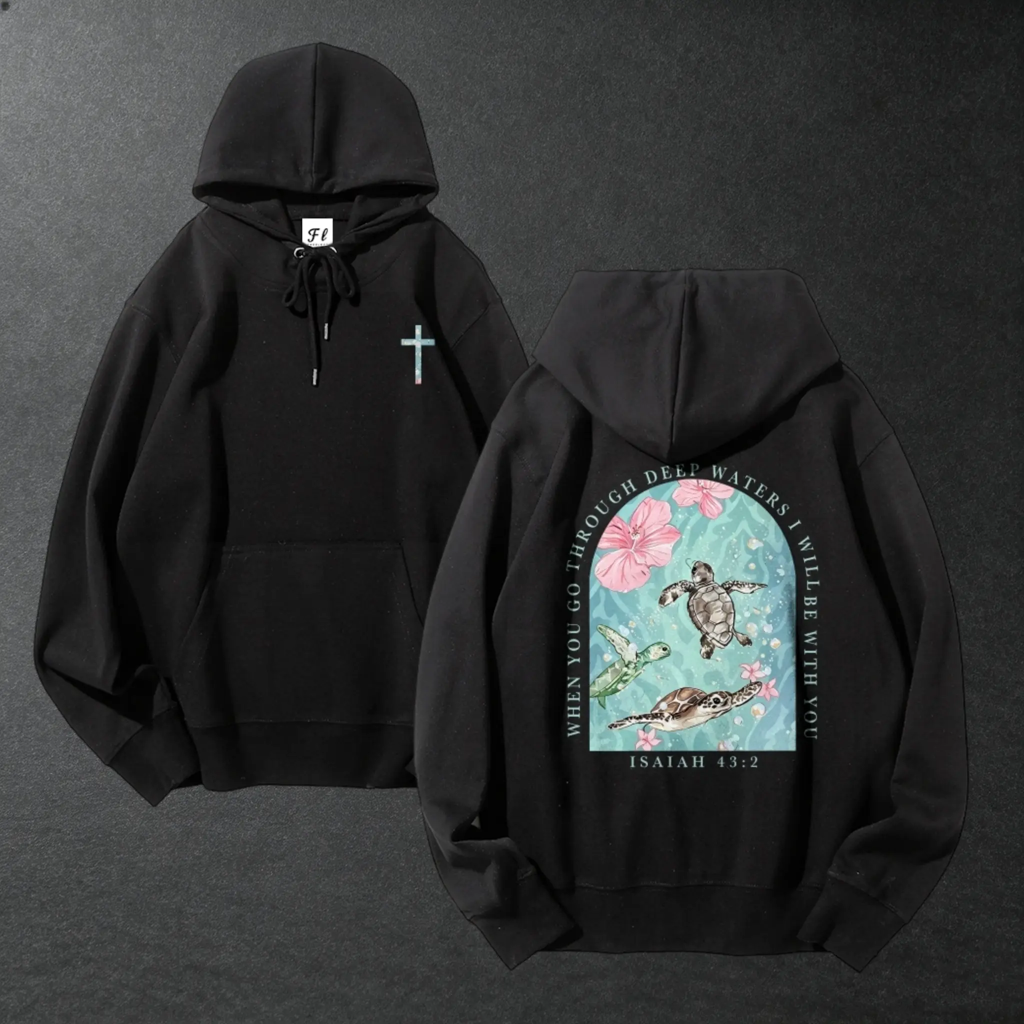 Unisex Faith Hoodie Front Small Cross Back Arch Sea Turtle Hibiscus Isaiah 43:2 Bible Verse Christian Coastal Graphic Hooded Sweatshirt
