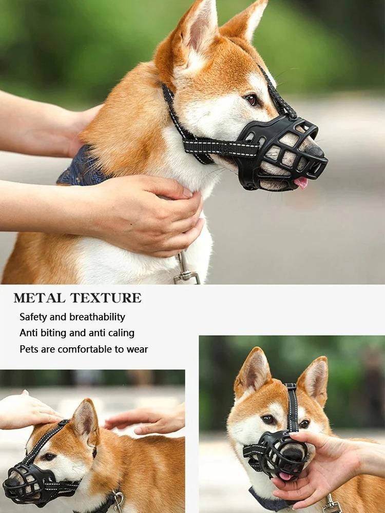 Reflective Silicone Dog Muzzle - Hollow-Out Design, Breathable Basket, Adjustable Size Buckle, Anti-Bite Anti-Chewing Outdoor Accessory for Medium & Large Dogs, Size M