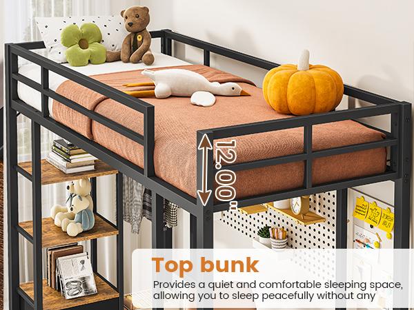 Hasuit Twin Size Loft Bed with Desk & Charging Station Metal Frame LED Lights 4 Storage Shelves 2 Fabric Drawers Safety Guard Clothes Rail Ladder for Students Assembly Required