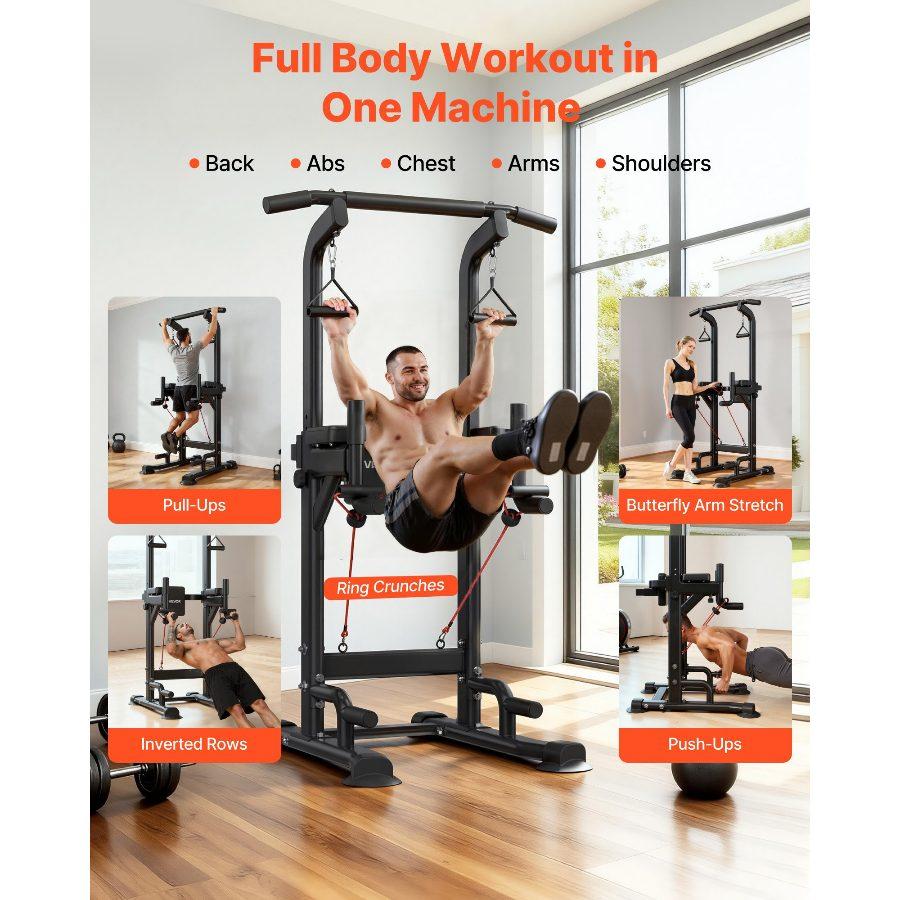 VEVOR Pull Up Bar, 330 LBS Power Tower Dip Station, Workout Dip Station with H-Shaped Stable Base Back Pad, Adjustable 12 Level Height Free Standing Chin Up Bar for Back, 4-Level Adjustable Back Pad