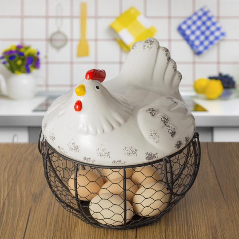 Farmhouse Style Ceramic Chicken Egg Basket with Metal Wire and Lid, Decorative Multi-Functional Kitchen Storage Box for Eggs Fruits Vegetables