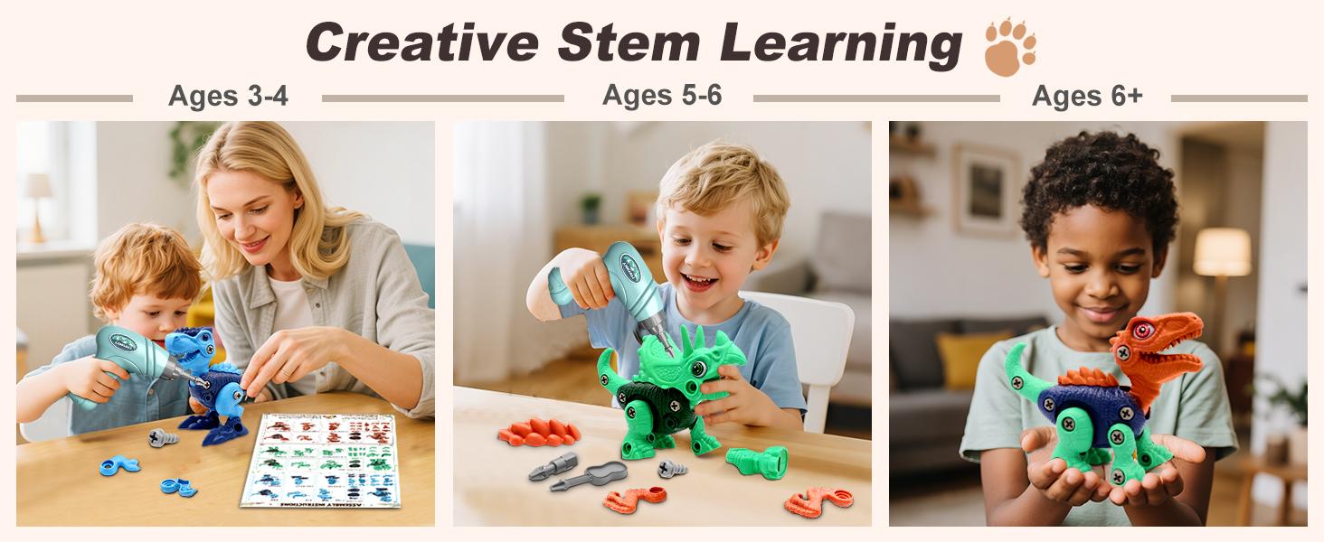 Laradola 3PCS Dinosaurs STEM Toy with Electric Drill & Hand Screwdrivers Gift for Kids, Take Apart Assemble Dinos Toy - Construction Building Dino Christmas Birthday Party Gift for Boy & Girl