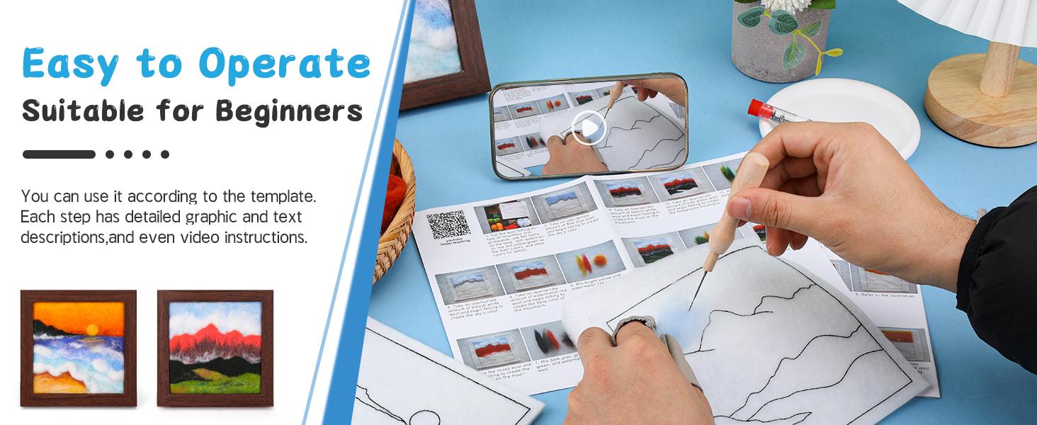 Needle Felting Kits for Beginners, Needle Felt Painting Kit, Wool Felting Kit with Picture Frame, Foam Pad, Felt Cloth, and Instructions, Used for Home Decoration, Art Craft