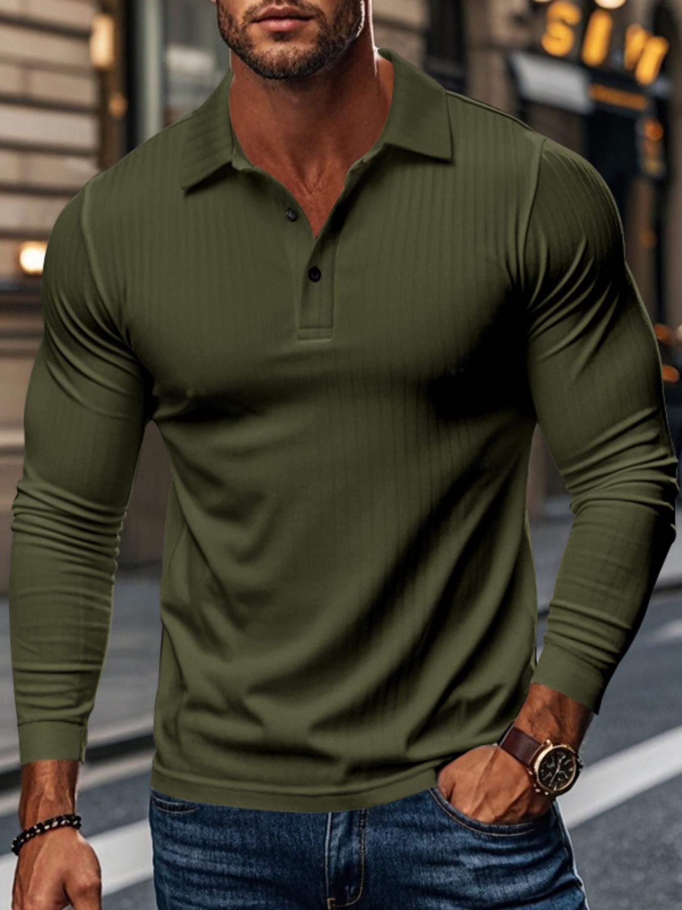 Men's Ribbed Texture Long Sleeve Polo Shirt, Comfortable Fit for Daily Wear, Stylish Design Suitable for Work & Leisure