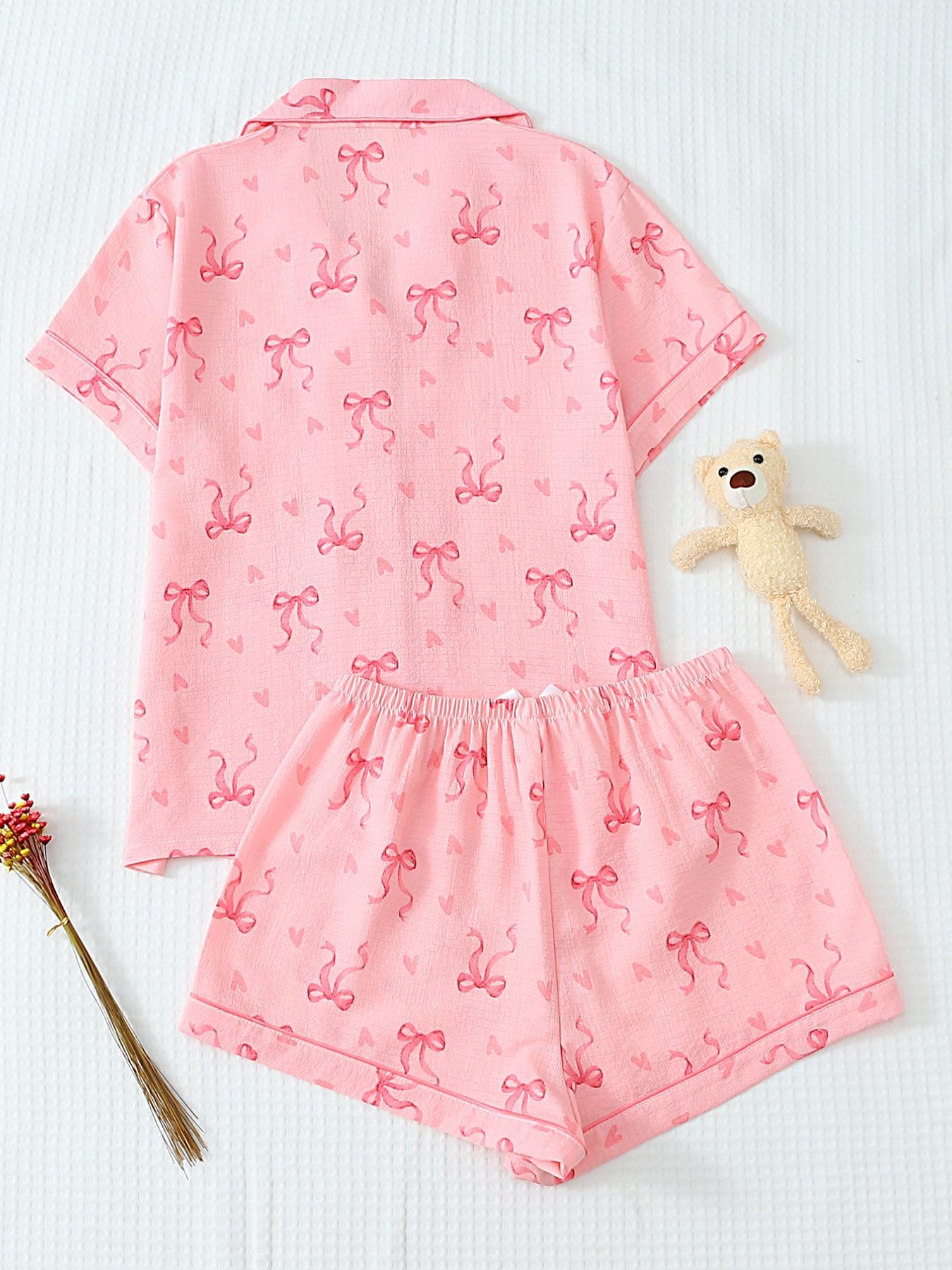 Women's Short Sleeve Button Down Top and Shorts Pajama Set, Spring Summer Wear, For French Gentle Style Girls, Soft Pink With Bow & Heart Print, Classic Lapel Collar, Loose Fit, Comfortable For Home, Afternoon Tea & Short Trips