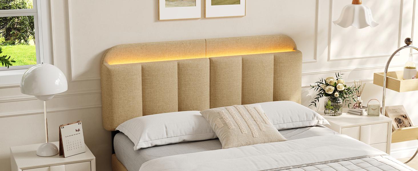 【SPOTLIGHT DAY】ONBRILL Adjustable Headboard for Full/Queen/King Size Bed Frame, Linen Fabric Bed Headboard with Storage & RGB LED Light in Modern Vertical Channel Design