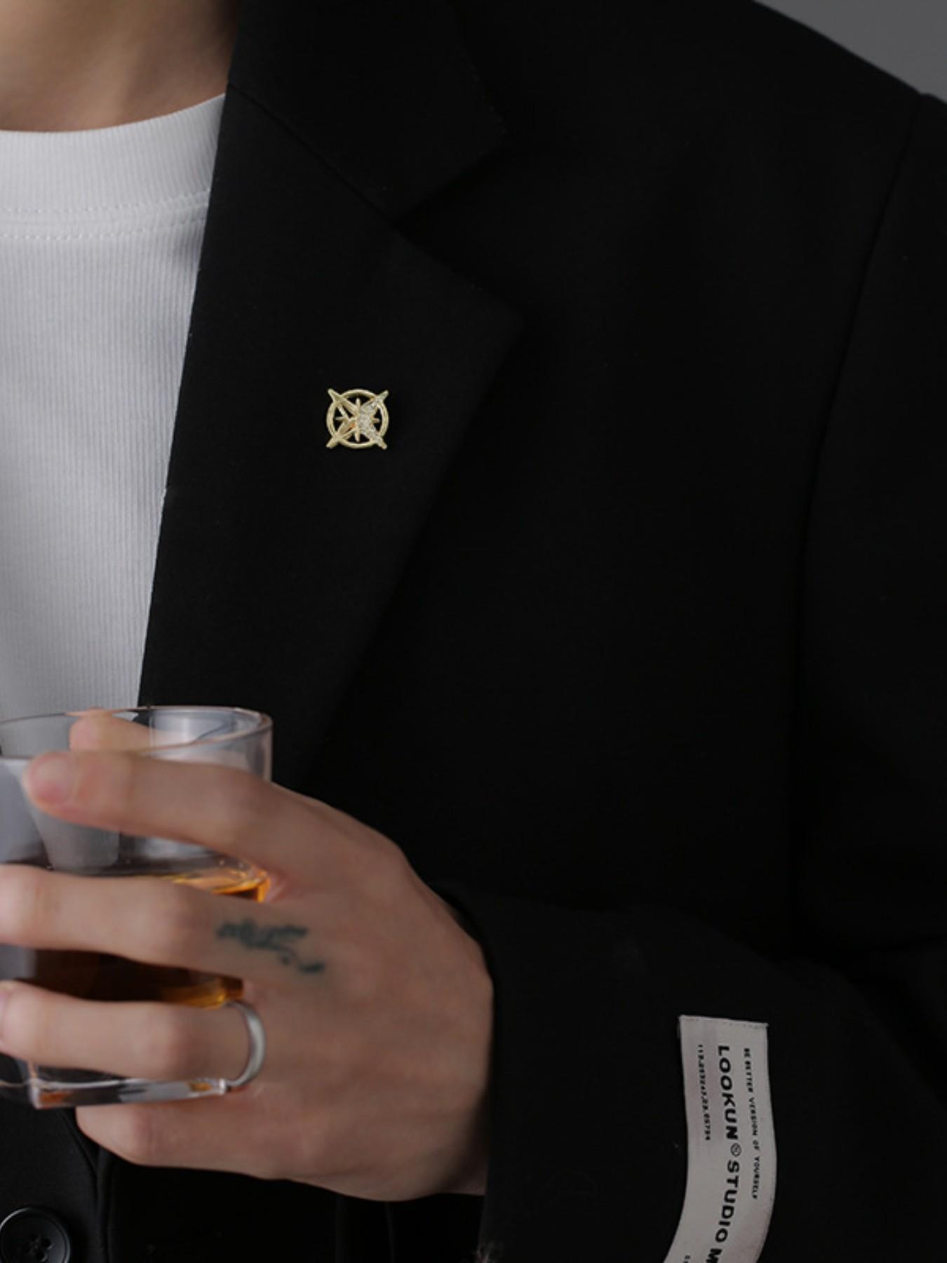 Men's Suit Jacket Decoration Luxury Match Hexagram Badge Pin Small Collar Shirt Unique Brooch, Stylish Accessory for Formal Wear