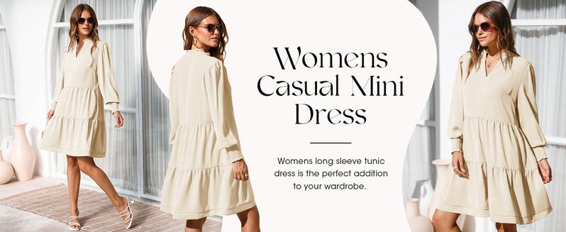 Wenrine Womens Fall Long Sleeve Tunic Dress Casual V Neck Loose Ruffle Tiered Dress