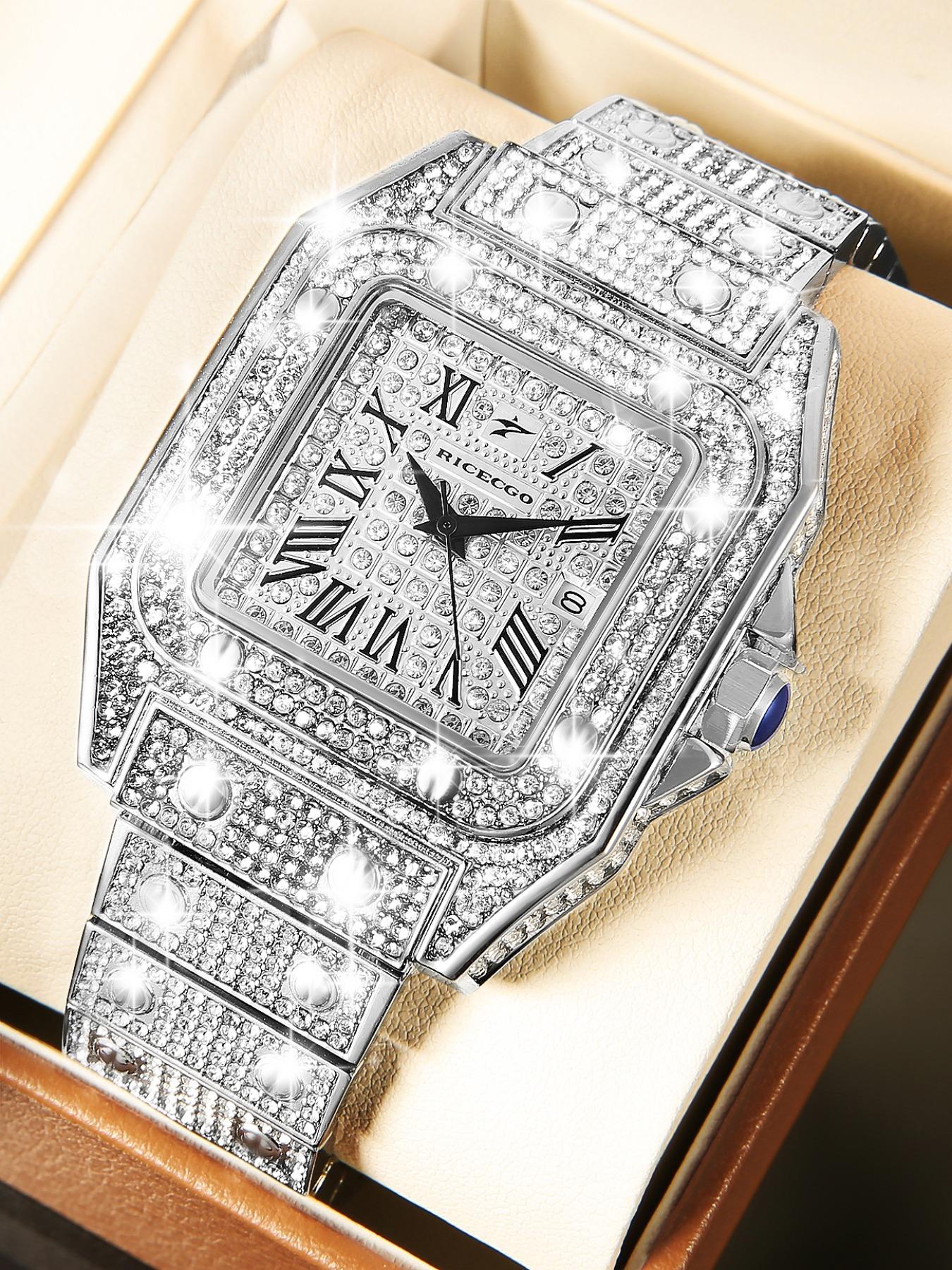 RICECGO Luxury Full-Diamond Men's Watch: Sparkling with diamonds, this timepiece features elegant design and refined details, showcasing the charm of a stylish man. It is an accessory that elevates your style, Fashionable Wristwatch