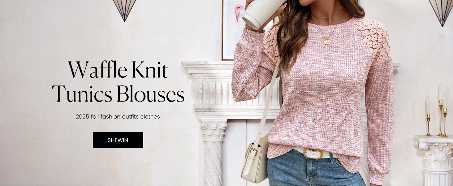 Shewin 2026 Spring Cozy Cottagecore Knit Sweatshirt Waffle Lace Trim Crewneck Long Sleeve Loose Fit Pullover for Daily Casual Chic Feminine Outfits - Clothes