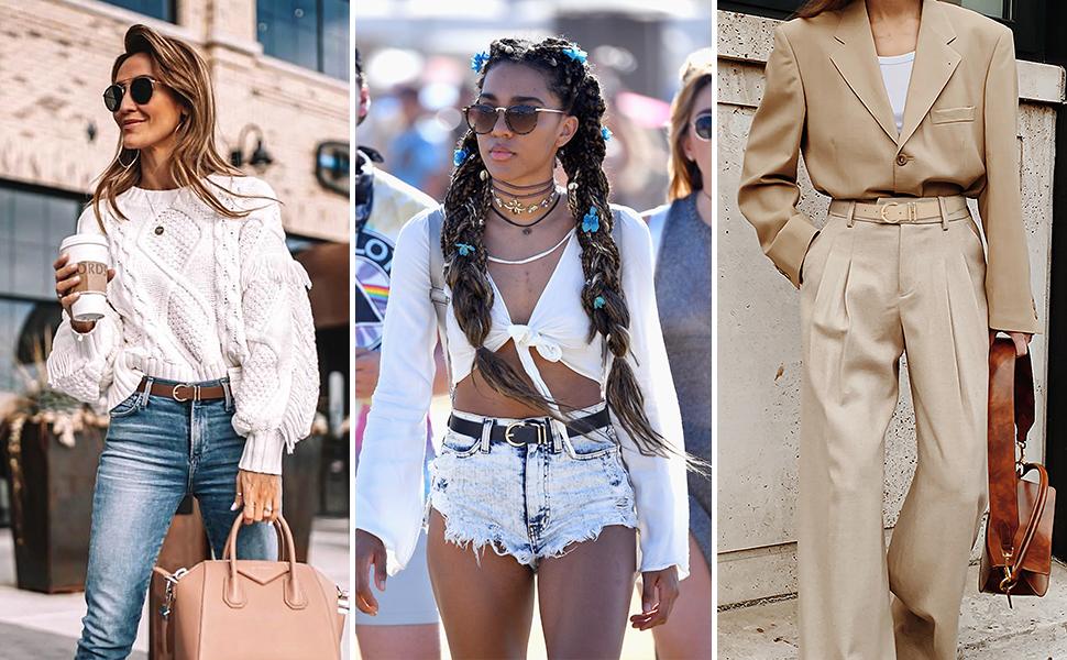 JASGOOD Women's Leather Belts for Jeans Dresses Fashion Gold Buckle Ladies waist Belt