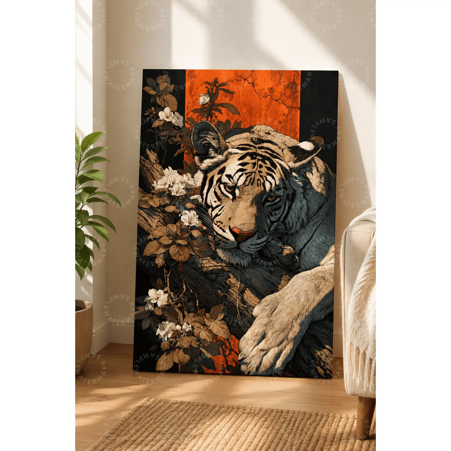 White Tiger Floral Canvas Art, Orange Black Wildlife Aesthetic Poster, Botanical Tiger Wall Decor, Bedroom Wall Art, Living Room Decor, Office Wall Art, Gaming Room Poster, Bold Nature Home Decor Gift