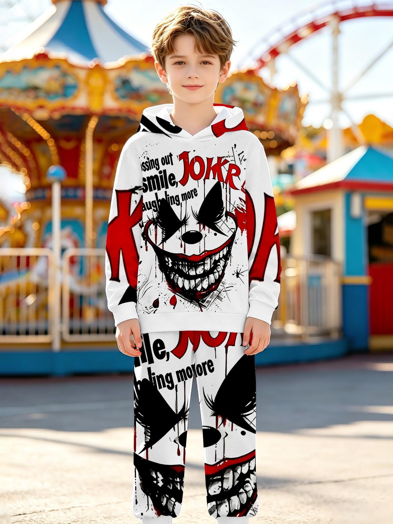 Boys' Unique Graffiti Full Print Hoodie and Long Pants Set, Casual Fall & Winter, Loose-Fitting, Natural Waist, All over Print